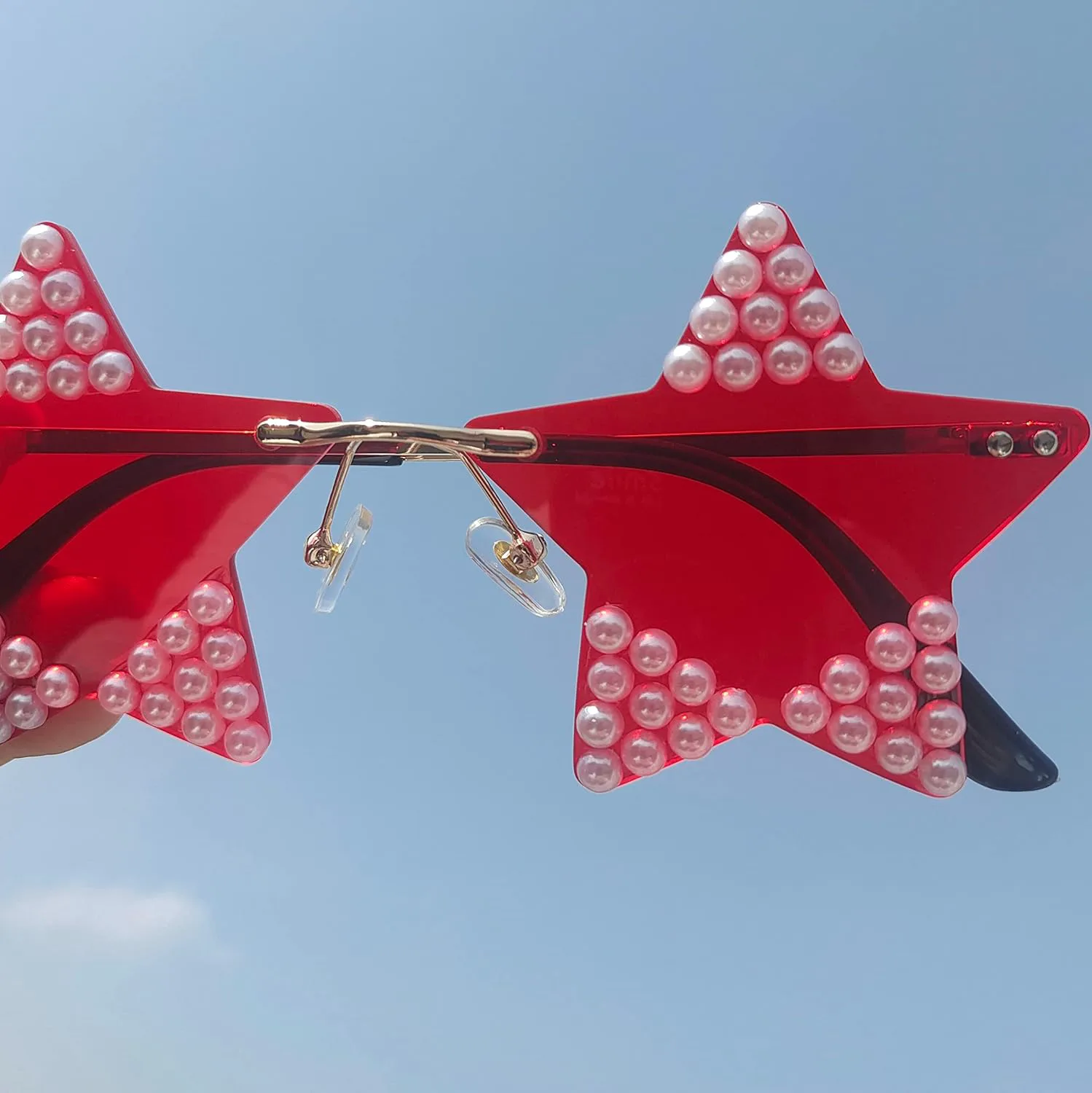 

Солнцезащитные очки Willochra без оправы в форме звезды, стильные солнцезащитные очки для женщин, для вечеринок, с жемчужными стразами и пентаграммой, 2pcs-black&red