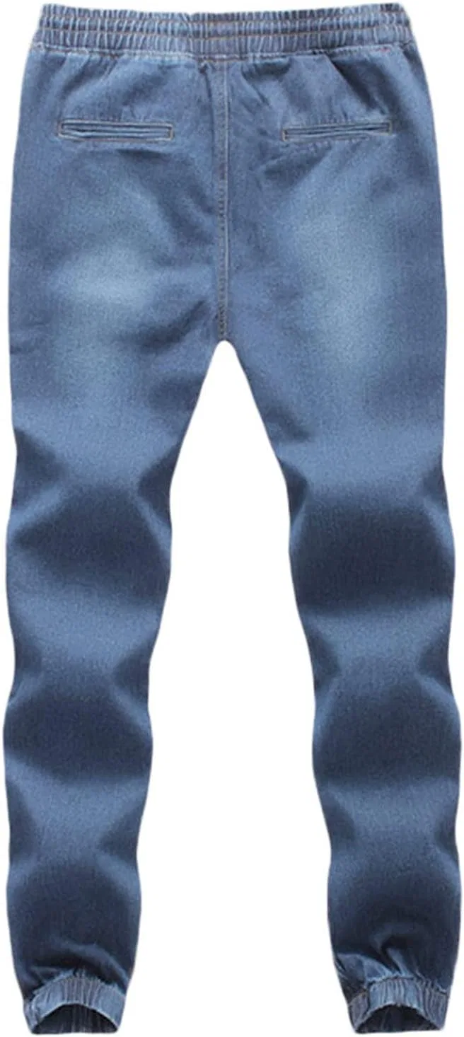 Джинсы с разрывами, стрейч, Mens Ripped Jeans Fashion Stretch Denim Sweatpants Elastic Waist and Ankles Drawstring Joggers with Pockets, Light Blue — фото 2