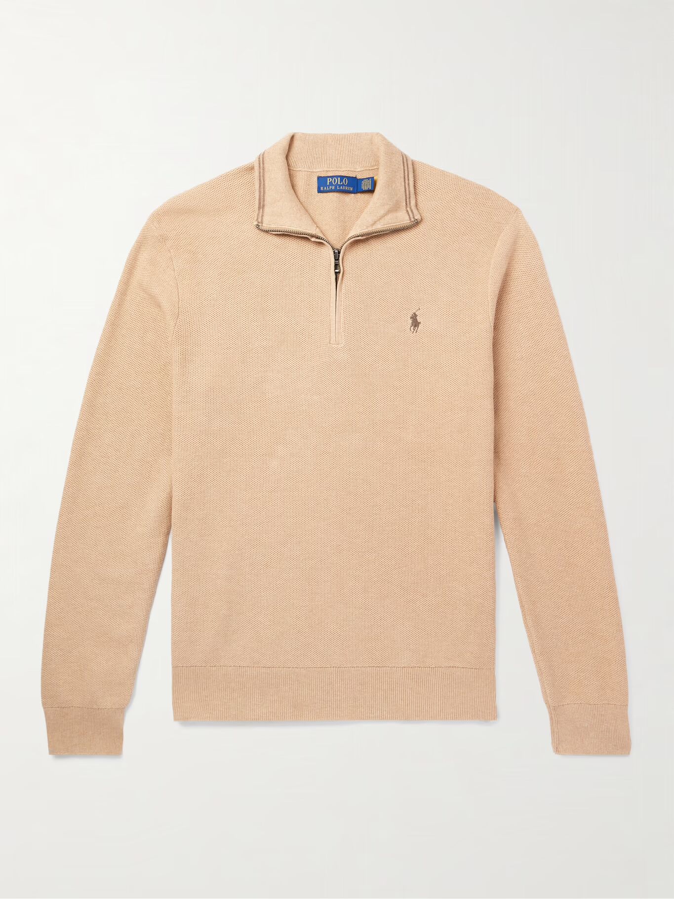 

Хлопковый свитер с вышитым логотипом и сотовой вязкой на половину молнии POLO RALPH LAUREN, песочный