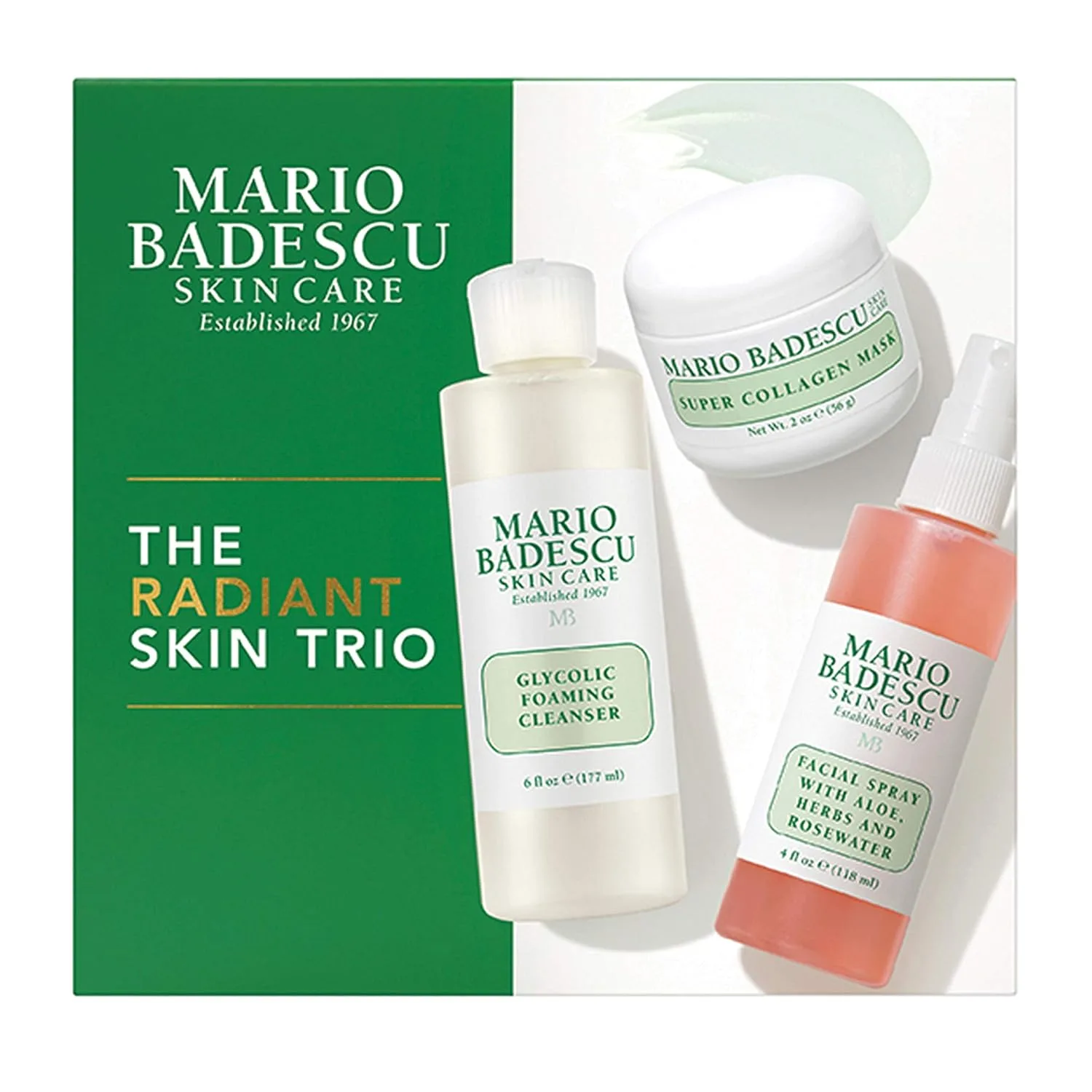 Набор для сияющей кожи Mario Badescu, включает спрей для лица с алоэ, травами и розовой водой (118 мл), очищающую пенку с гликолевой кислотой (177 мл) и маску с супер-коллагеном (57 г) Набор из 3 штук