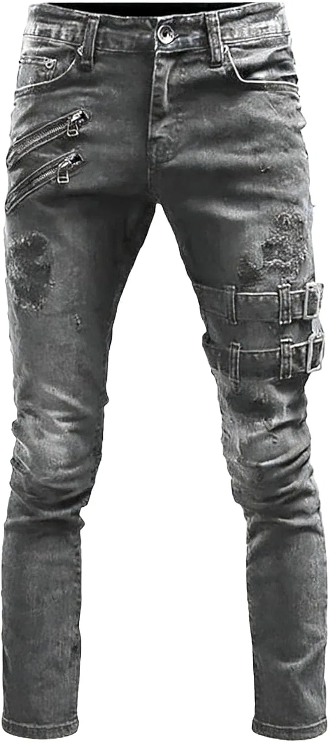 Джинсы мотобайкерские, distressed, Grey