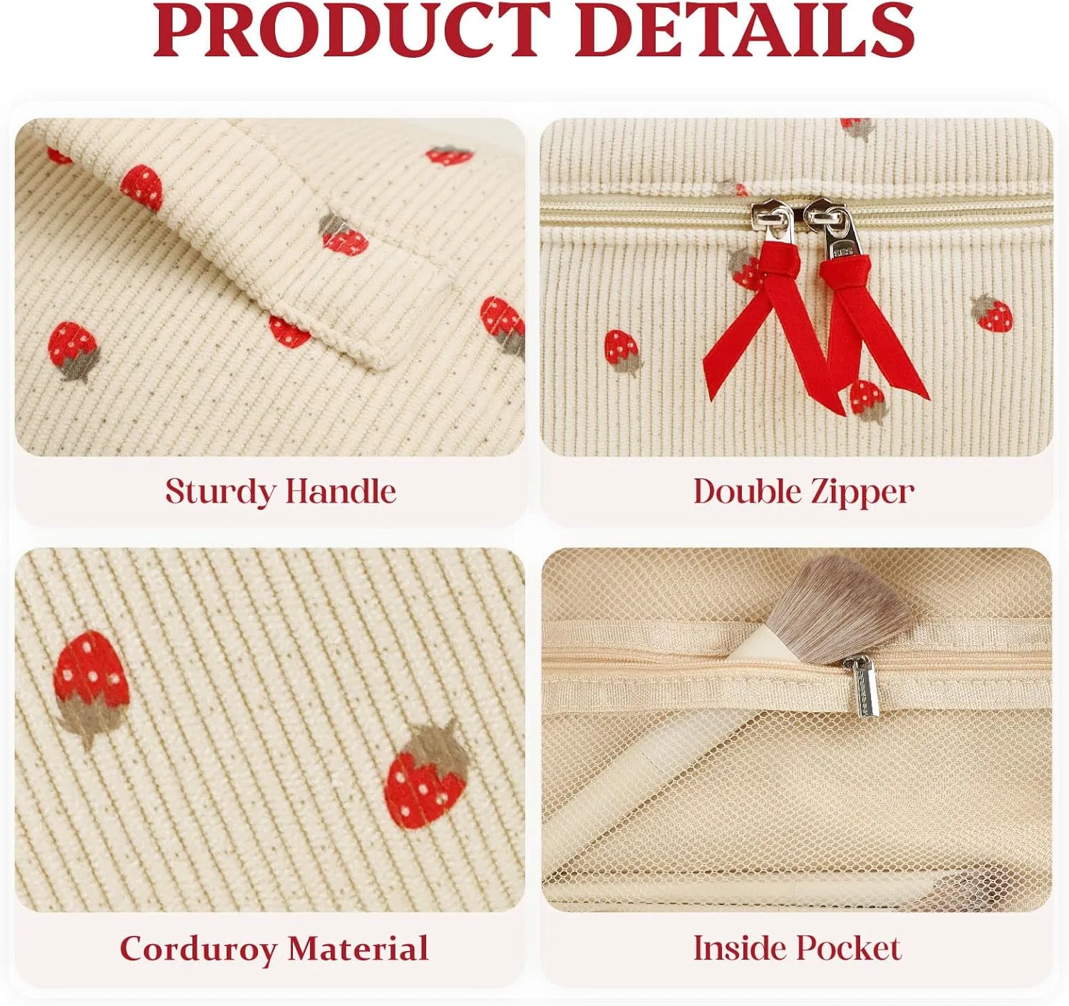 Косметичка Prite Cute Corduroy Aesthetic Floral Prite, Strawberry — фото 3