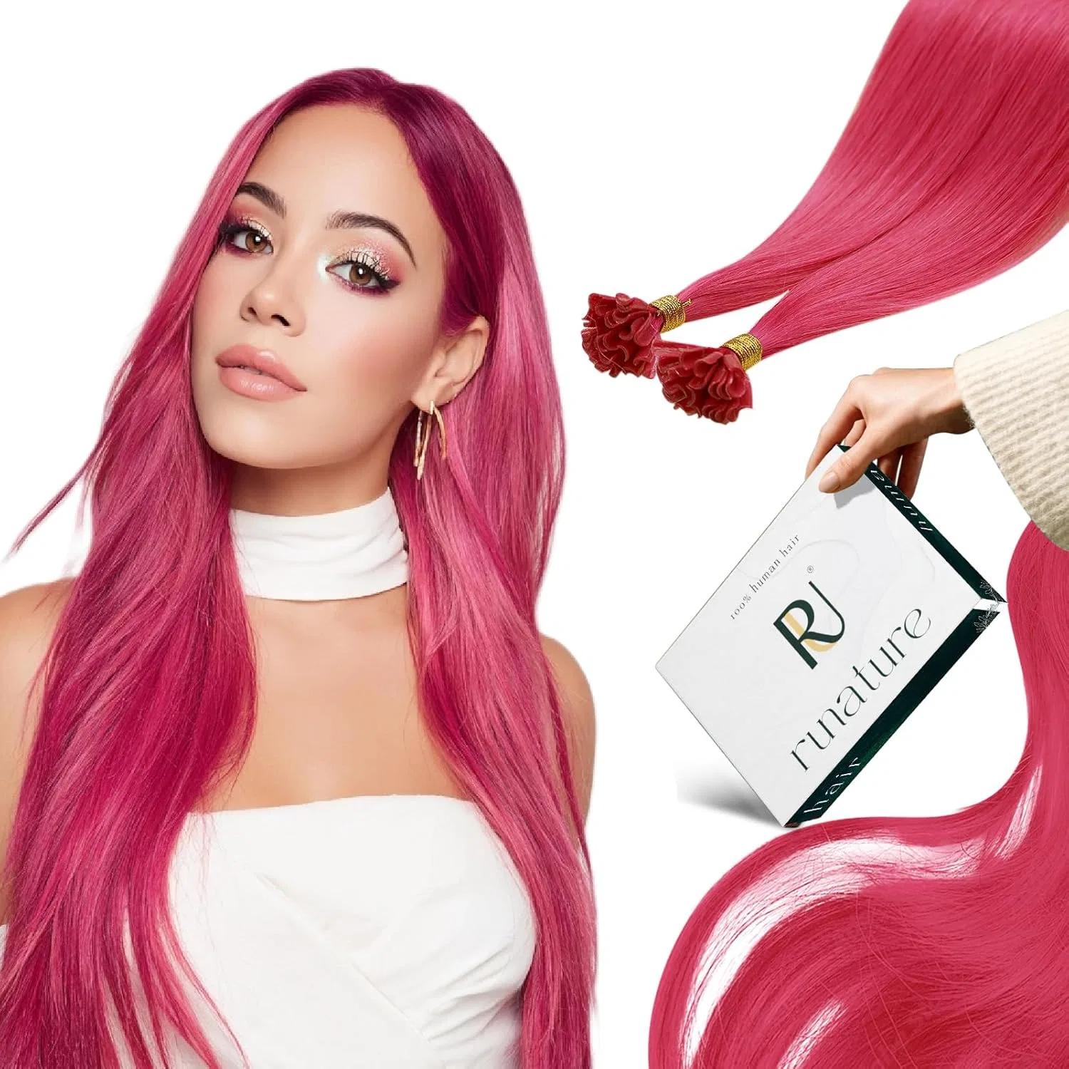 Накладные пряди для волос «U Tip» из натуральных волос Runature, 40 см, розовые Runature