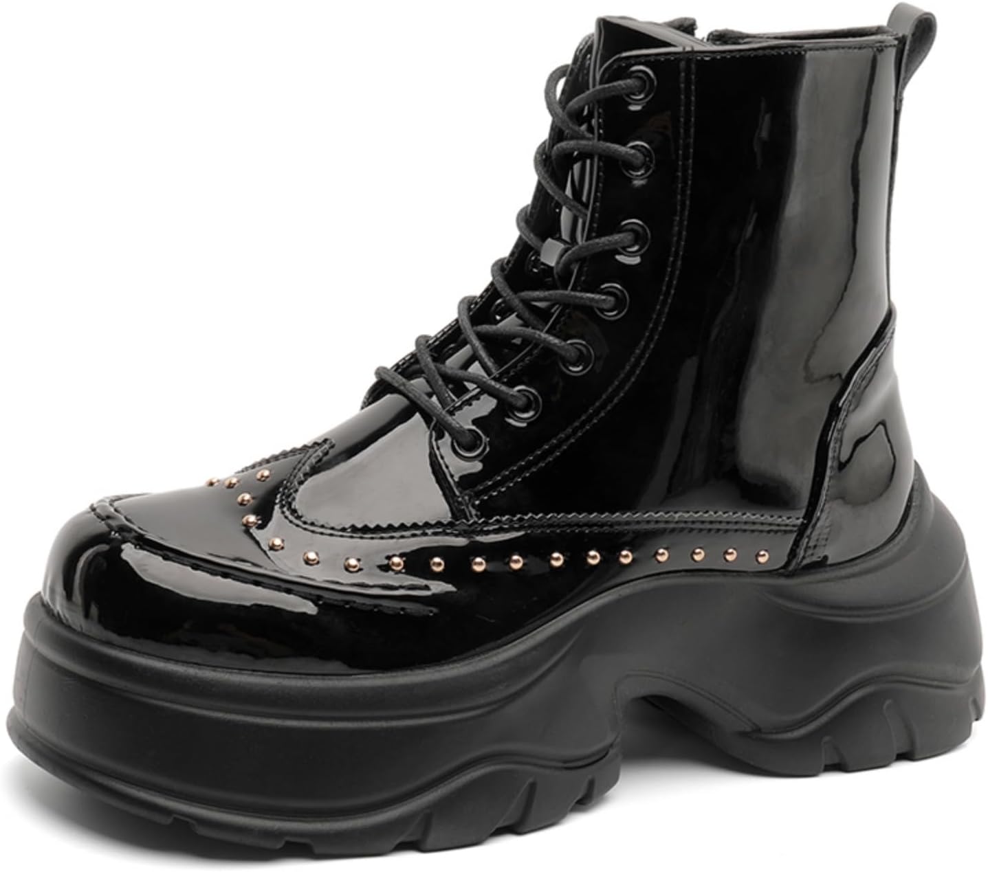 

Мужские платформенные мотоциклетные ботинки черные из лаковой кожи с массивной подошвой, ботинки до щиколотки с заклепками и задней молнией, стиль готик-панк, байкерская обувь Kelibasi