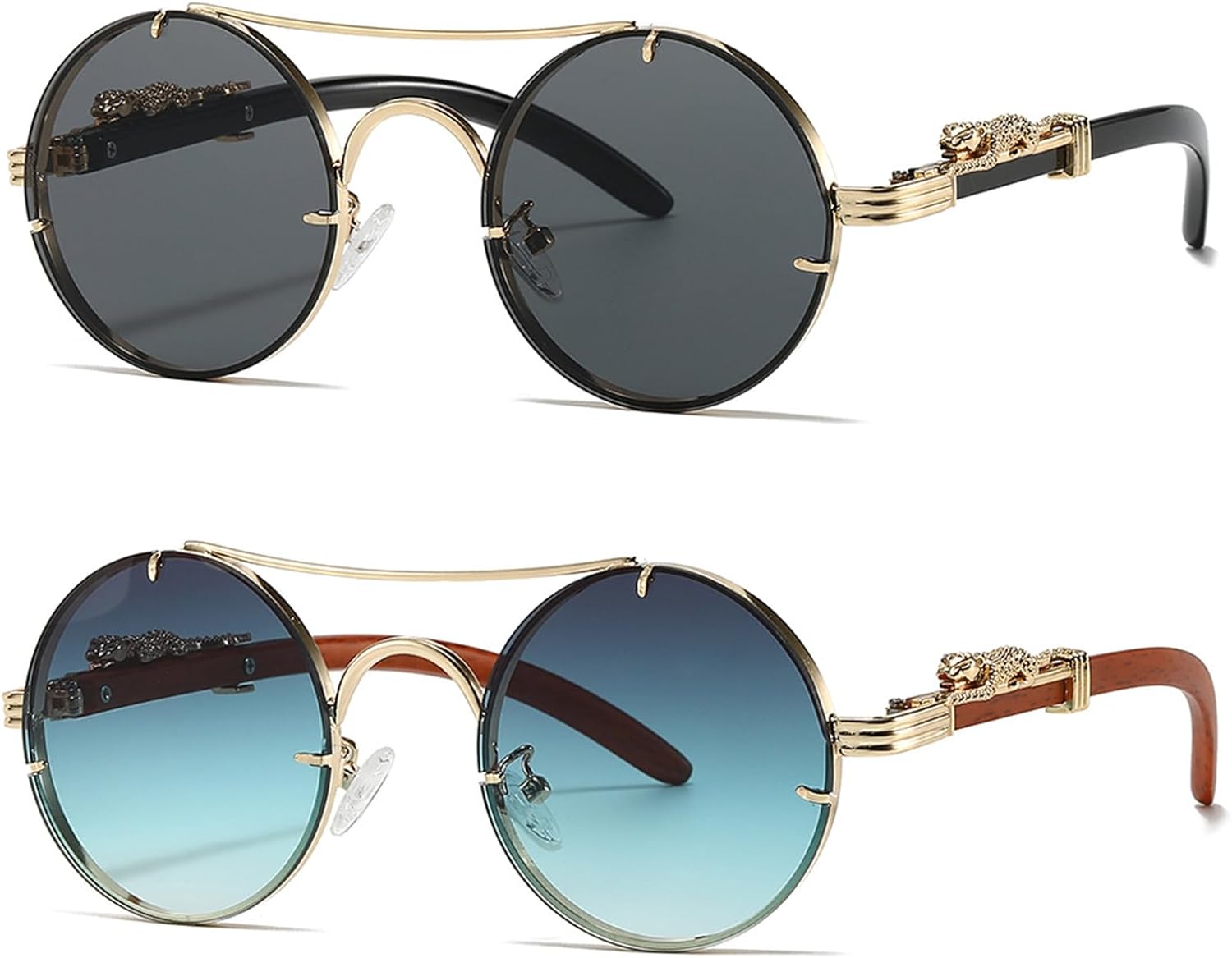 

Винтажные круглые солнцезащитные очки с золотистым леопардовым принтом, двойной перемычкой, в стиле панк, для мужчин и женщин FLJMRAVER, B1* Gold Frame Black Grey Lens + Gold Frame Gradient Green Lens