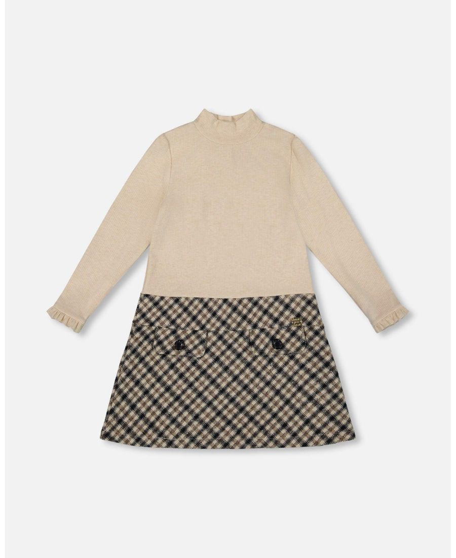 

Платье для девочки с длинными рукавами, из двух материалов, с воротником-стойкой, бежевое в клетку - для малышей/детей Deux par Deux, Beige