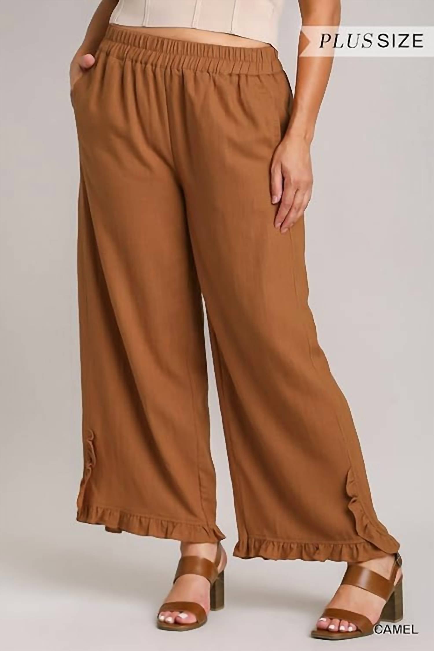 

Льняные брюки с эластичной талией цвета Camel umgee
