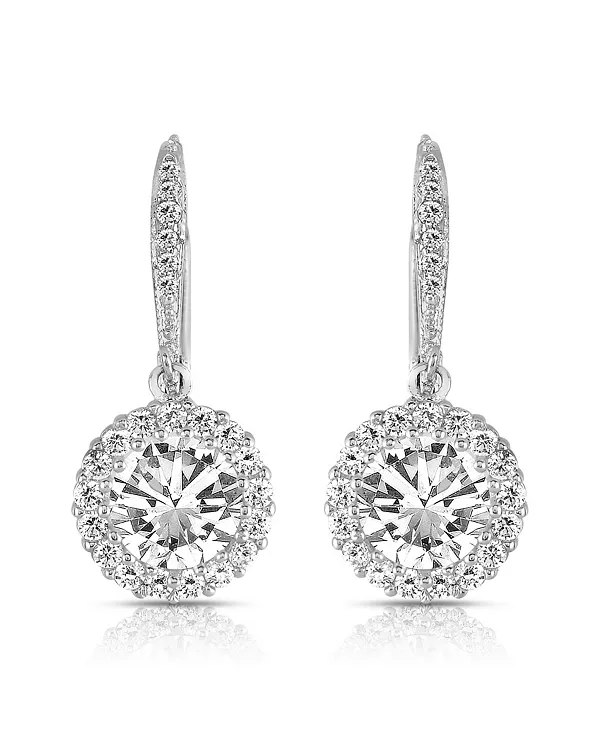 

Женские серьги-подвески из стерлингового серебра с покрытием из белого золота, прозрачными круглыми кубическими циркониями и ореолом из солитера Genevive, white