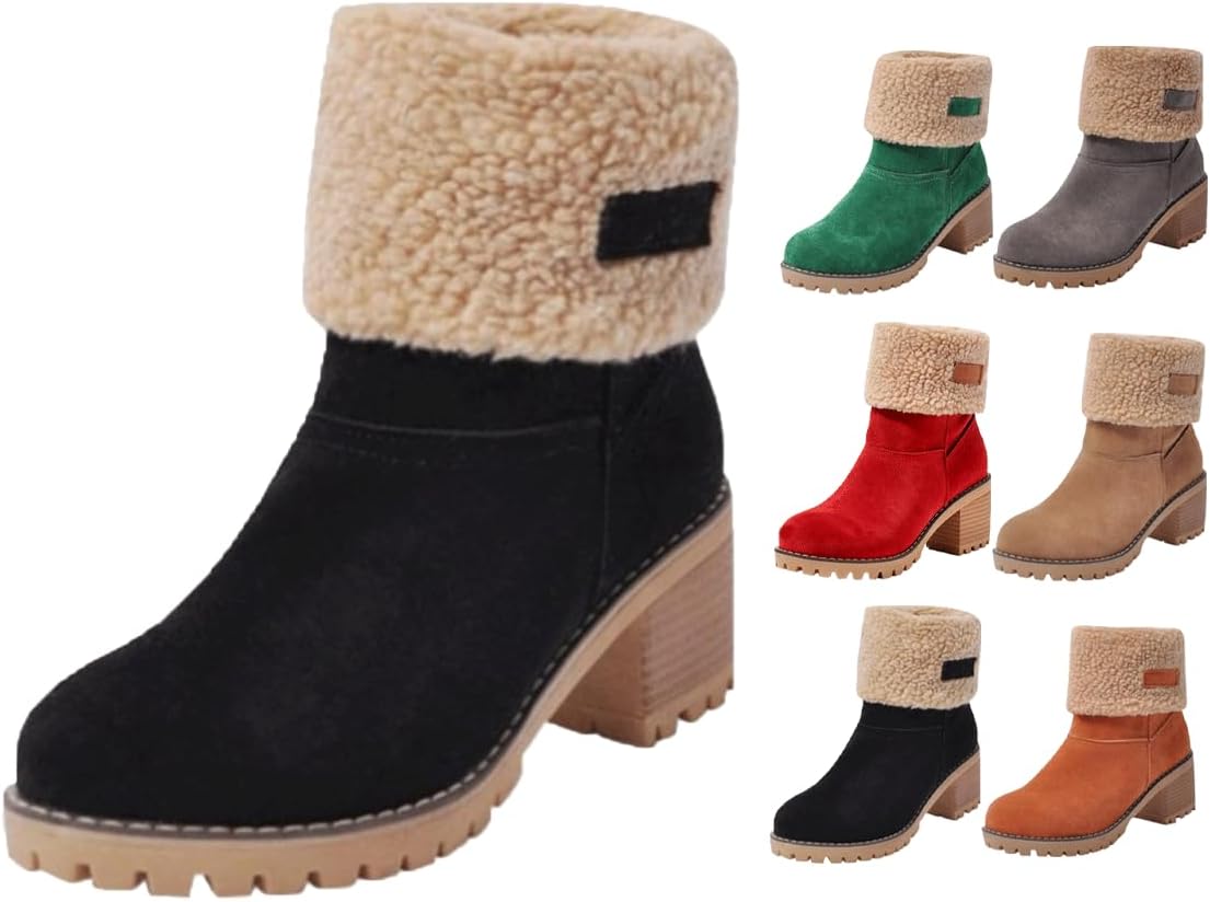 

Зимние женские ботинки из замши в винтажном стиле, повседневные модные ботильоны на каблуке, уютные ботинки с отворотами, обувь средней высоты на толстом подошве, теплые ботинки на легкой шнуровке Generic, черный