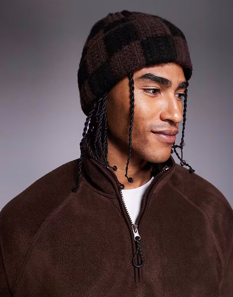 

Вязаная шапка-бини в шахматную клетку коричневого и черного цветов Asos Design, Коричневый, Вязаная шапка-бини в шахматную клетку коричневого и черного цветов Asos Design