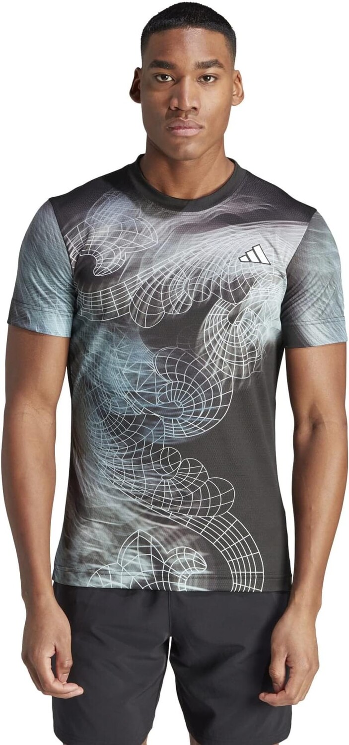 

Футболка Adidas Tennis US Series Printed Freelift T-Shirt, цвет Black/Semi Flash Aqua/Dash Grey