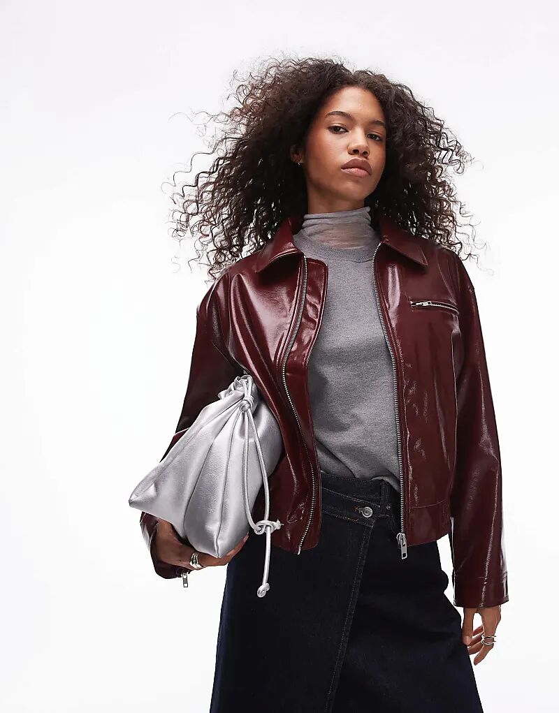 

Куртка-бомбер из искусственной кожи и винила бордового цвета Topshop