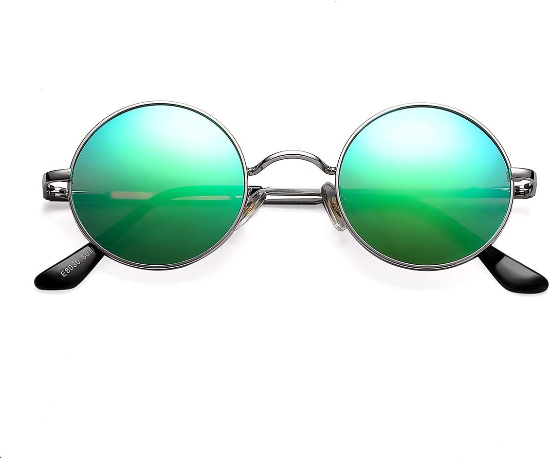 

Солнцезащитные очки Pro Acme Small Round Polarized Sunglasses для мужчин и женщин, в стиле ретро, ​​металлические, в стиле хиппи, с защитой от УФ-излучения UV400, D2 - Silver Frame/Green Mirrored Lens