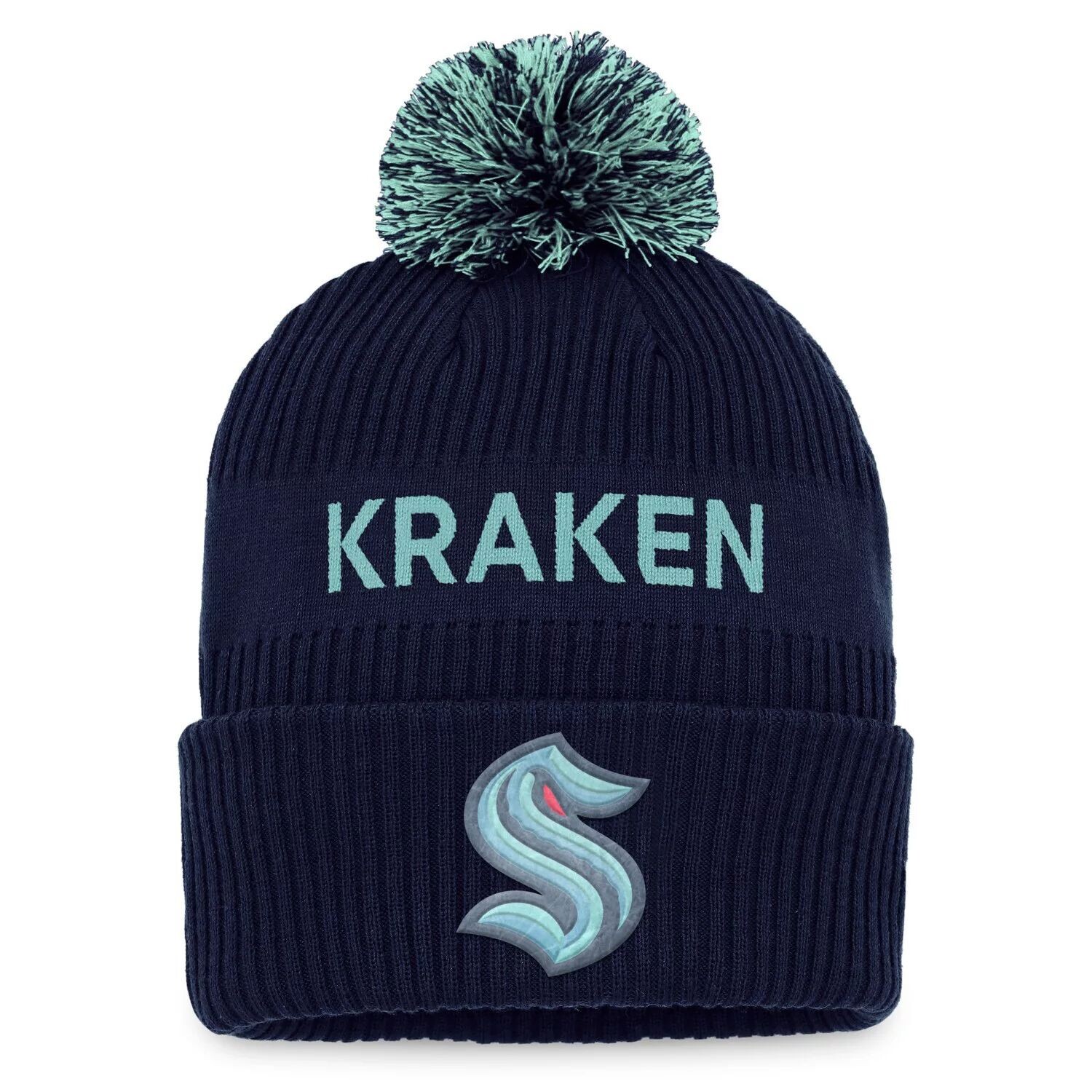 Мужская брендовая вязаная шапка Fanatics Deep Sea Blue/Light Blue Seattle Kraken 2022 NHL Draft Authentic Pro с манжетами и помпоном — фото 3