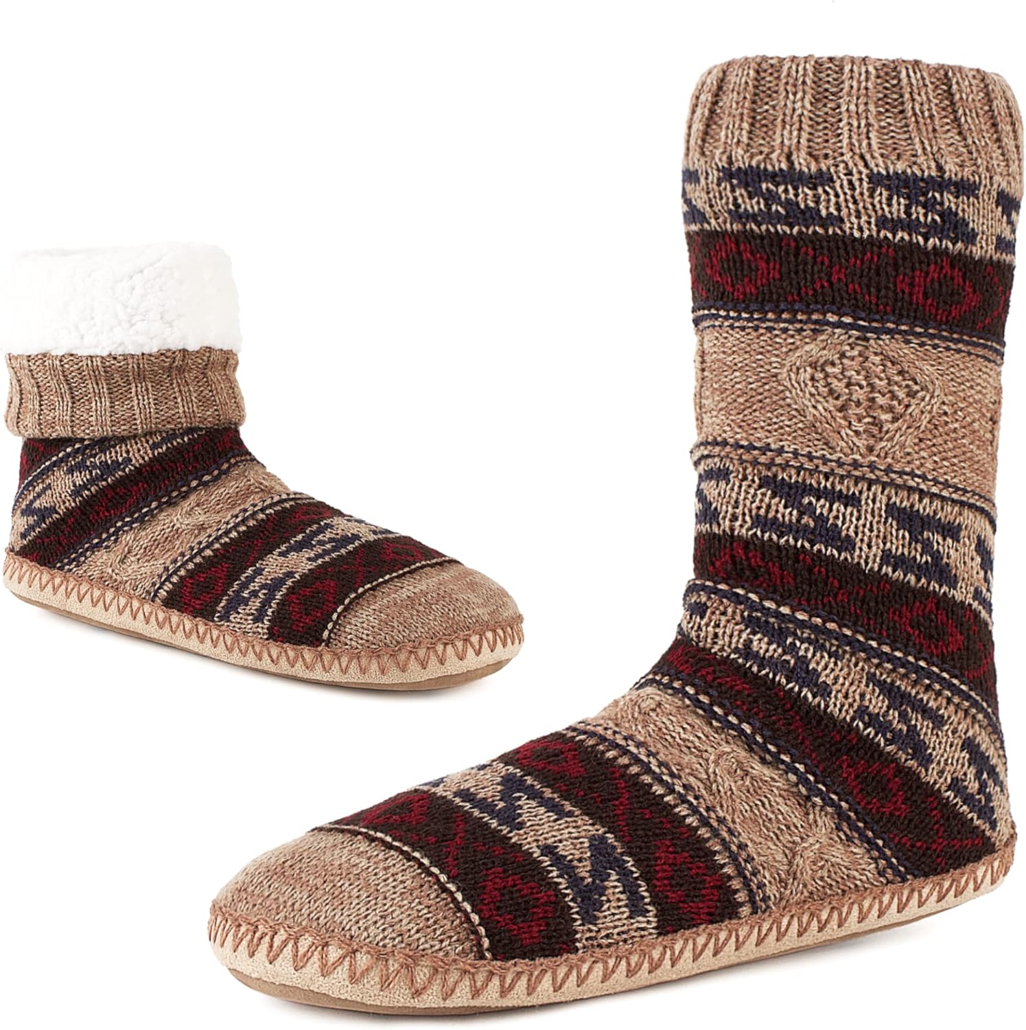 Мужские домашние носки-тапочки Cozylook с флисовой подкладкой, нескользящей подошвой, зимние мягкие толстые теплые тапочки для дома, Cable Knit Coffee