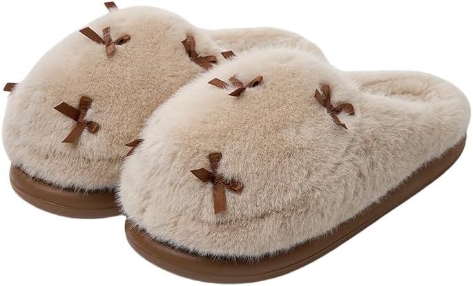 

Тапочки Vuqofkc Bow, пушистые тапочки для женщин и мужчин, домашняя обувь с эффектом памяти, плюшевые, для спальни, теплые зимние удобные тапочки для дома и улицы, хаки