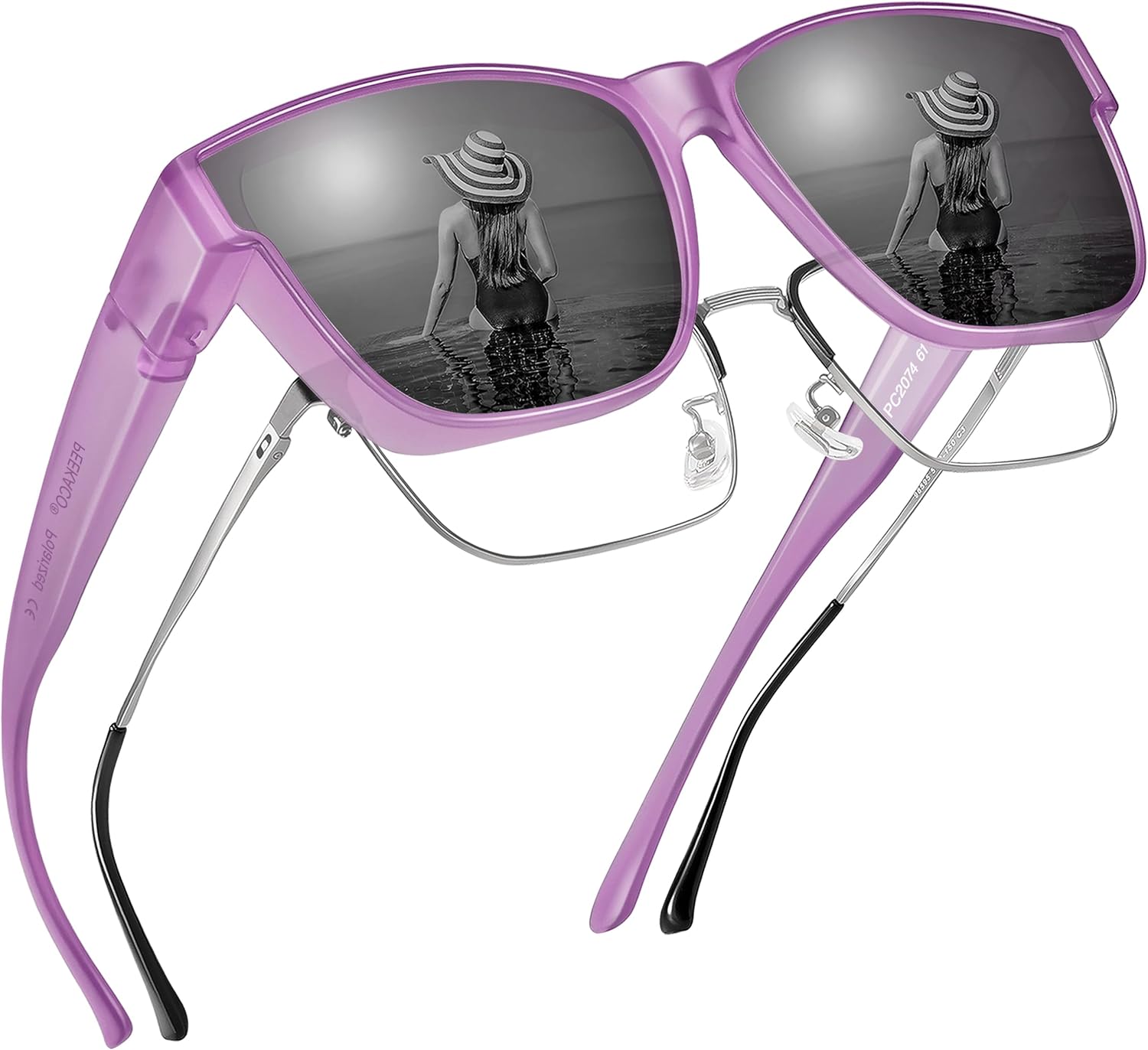 

Поляризованные солнцезащитные очки, надеваемые поверх обычных очков, для женщин и мужчин, большие квадратные летние очки с защитой от УФ-излучения UV400 Peekaco, A09 Matte Purple Frame/Grey Lens