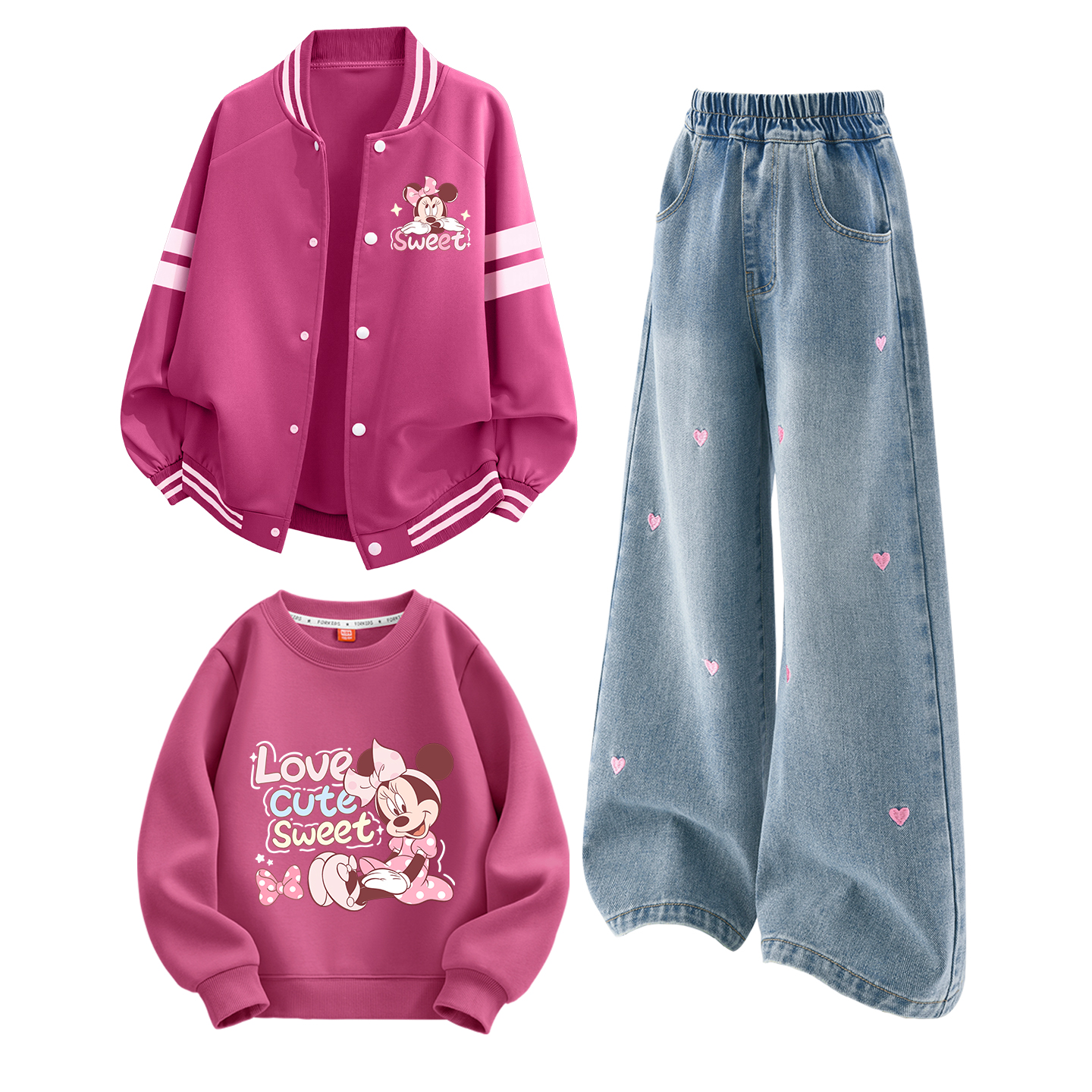 

Детская повседневная спортивная одежда с круглым вырезом Moderate Disney, delorone k розовый красный+solid color sea salt синий+delorone berry красный