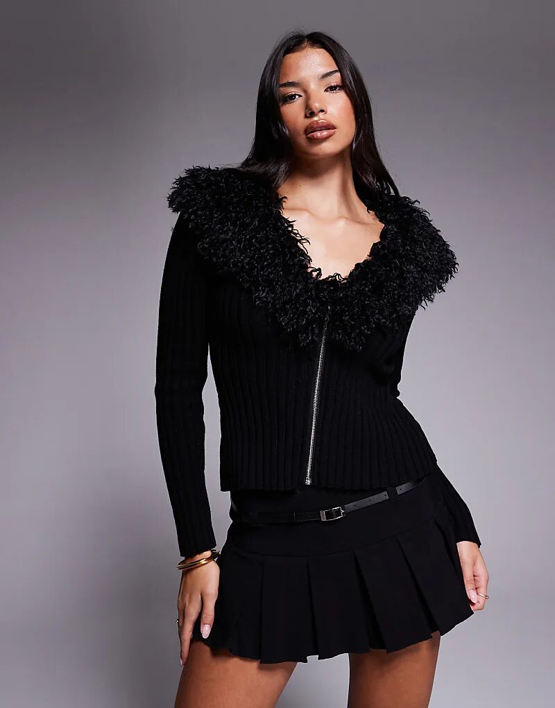 

Кардиган Tiger Mist Brisa из чистого хлопка с отделкой из искусственного меха в рубчик, черный цвет