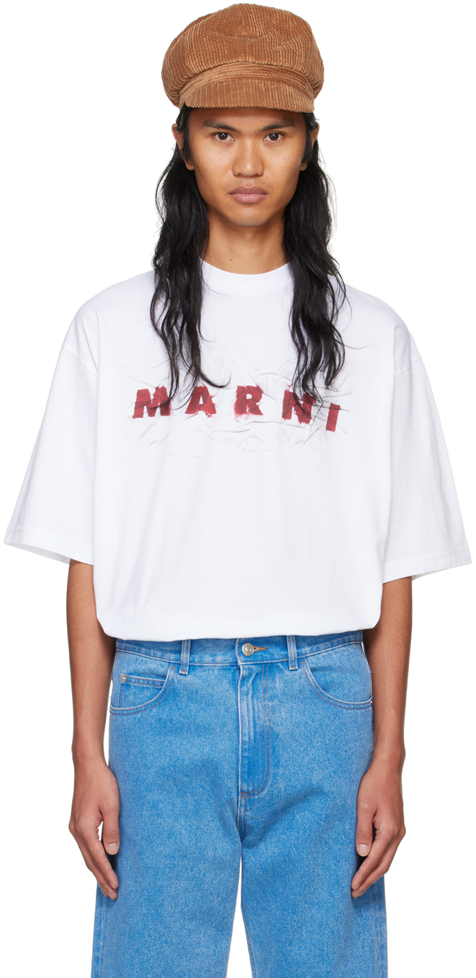 

Белая футболка с принтом и мятым логотипом Marni