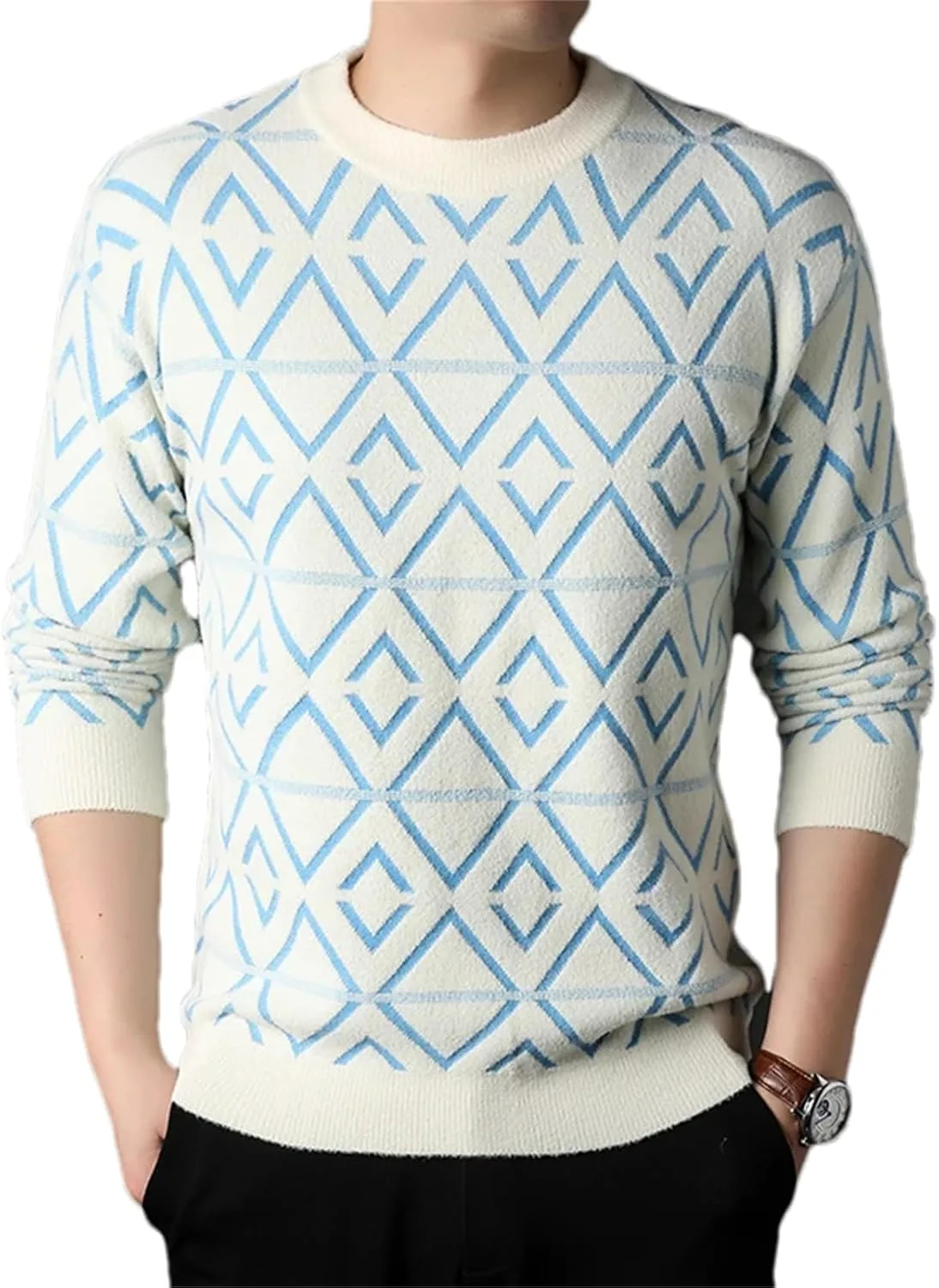 

Мужской свитер с ромбовидным узором, утепленный, вязаный