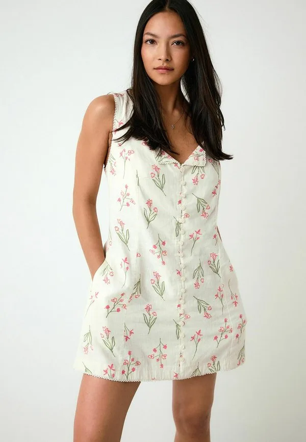 Платье повседневное, прямого кроя, с воротником на пуговицах Next, Ecru Pink Floral Printed