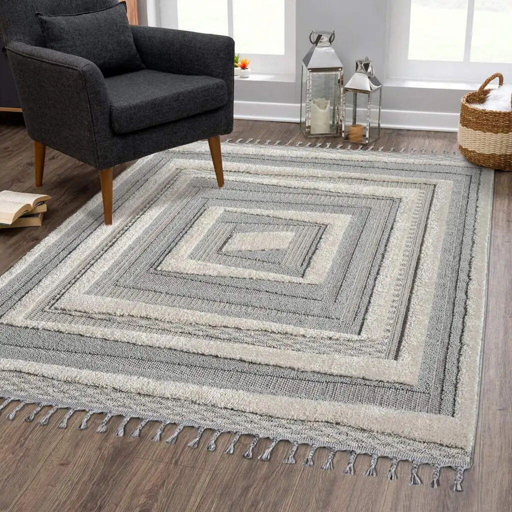 

Ковер Carpet City "VALENCIA 940", прямоугольный, стиль бохо, рисунок high-low/3D-эффект, с бахромой 120х170 см, серо-синий