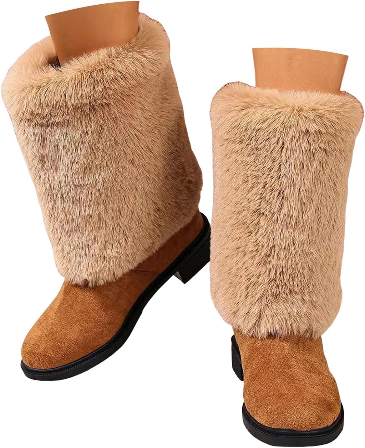 

Зимние ботинки Hbeylia для женщин с теплым плюшевым мехом, подкладка из флиса, замша, закругленный носок, на танкетке, массивный высокий каблук, ботильоны, можно носить двумя способами, коричневый