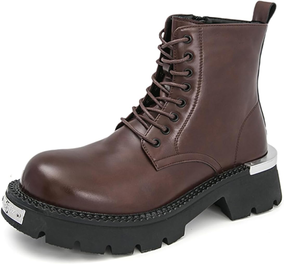 

Мужские ботинки на платформе из натуральной кожи с шнуровкой, боковой молнией, повседневные с широким округлым носком, массивной подошвой Tixewsjh, коричневый