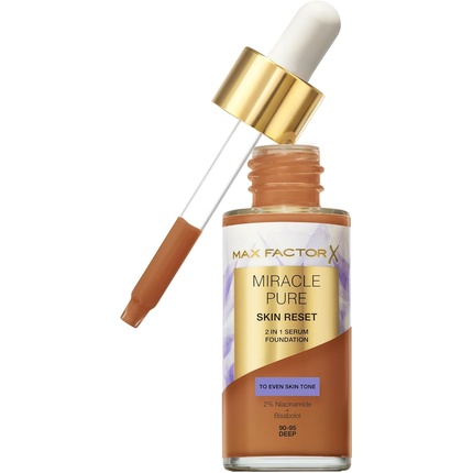 

Miracle Pure Skin Reset Serum Foundation 90-95 Deep 2-в-1 Формула сыворотки Среднее покрытие Атласно-матовый финиш 2% ниацинамида Протестировано дерматологами Max Factor