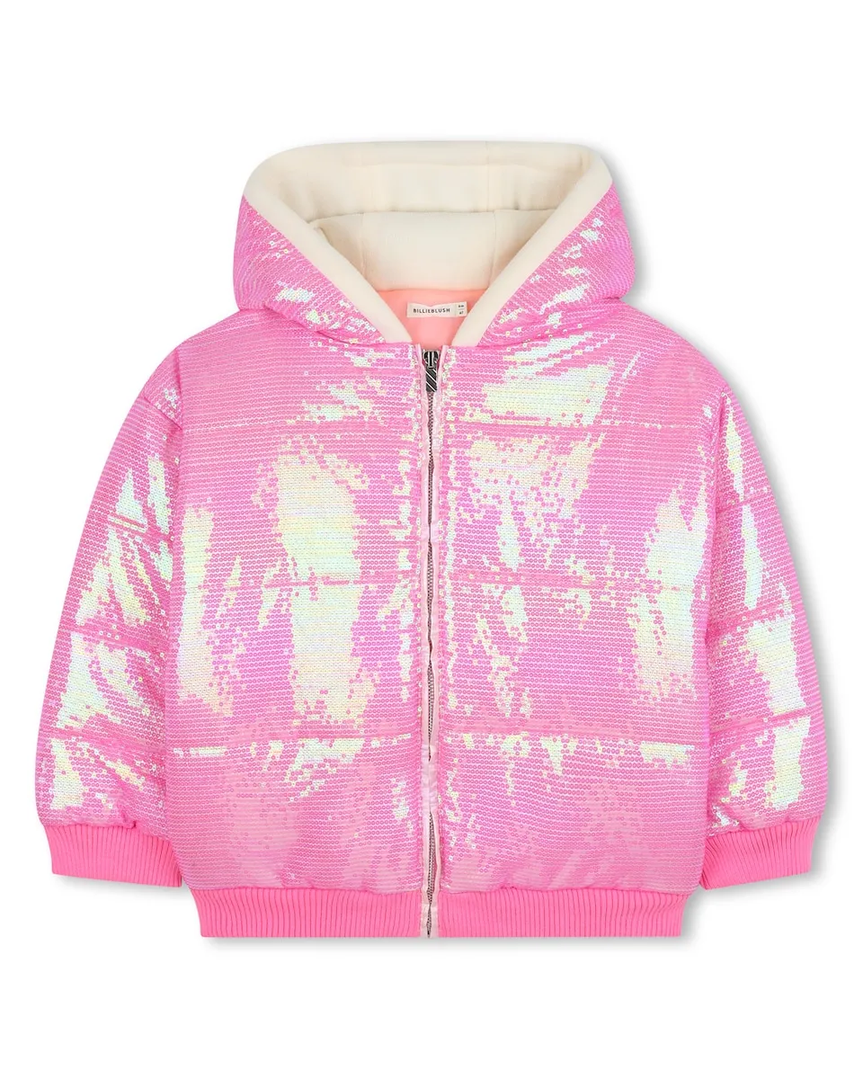 

Детский пуховик розового цвета с пайетками и капюшоном Billieblush