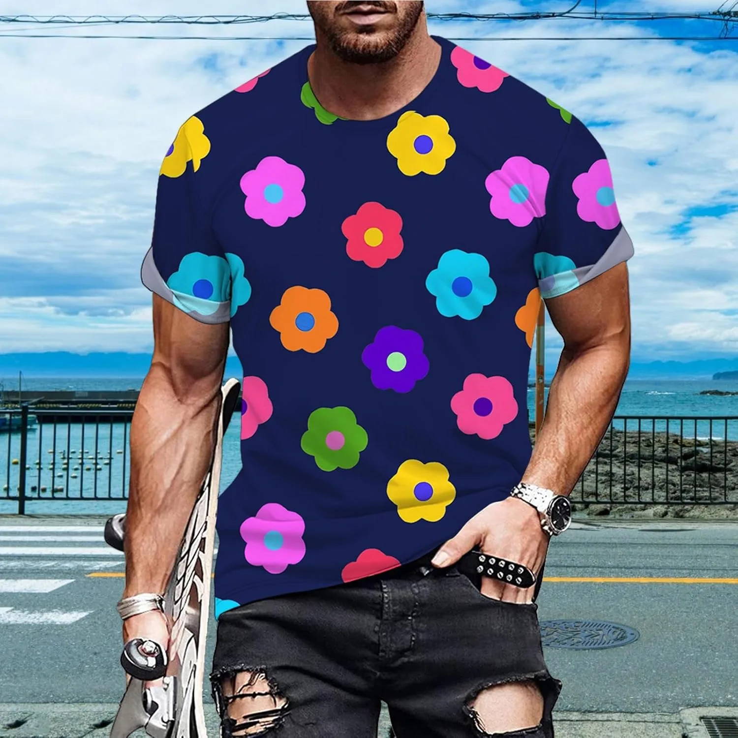 Printed T Shirts for Men | Floral Printed Crewneck Basic T Shirt,Loose Fit Casual Trendy Tee Top Clothes for Work School — фото 2