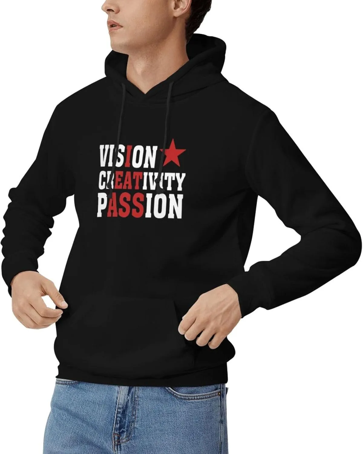 Vision Creativityy Passionn Мужская толстовка с капюшоном, модная хип-хоп толстовка с длинными рукавами и карманами Generic, черный — фото 2