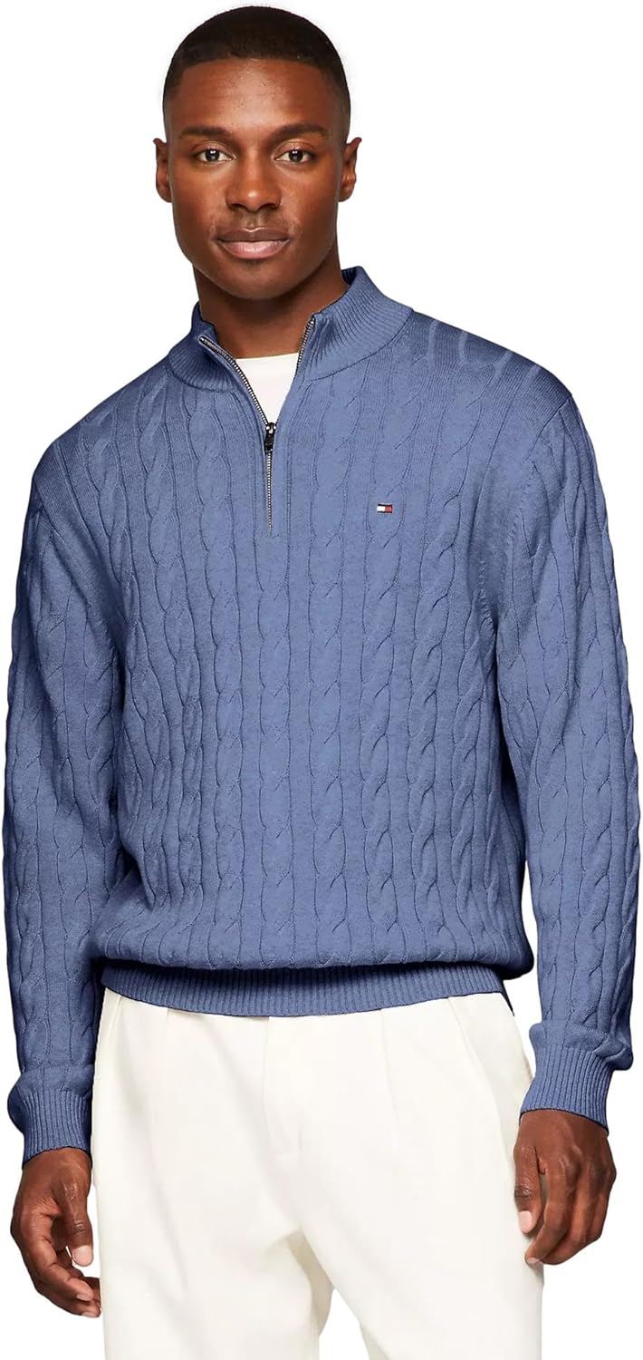 

Мужской фирменный свитер TOMMY HILFIGER Cable Kint с застежкой-молнией на четверть оборота, коллекция 2025 года, Bank Blue.
