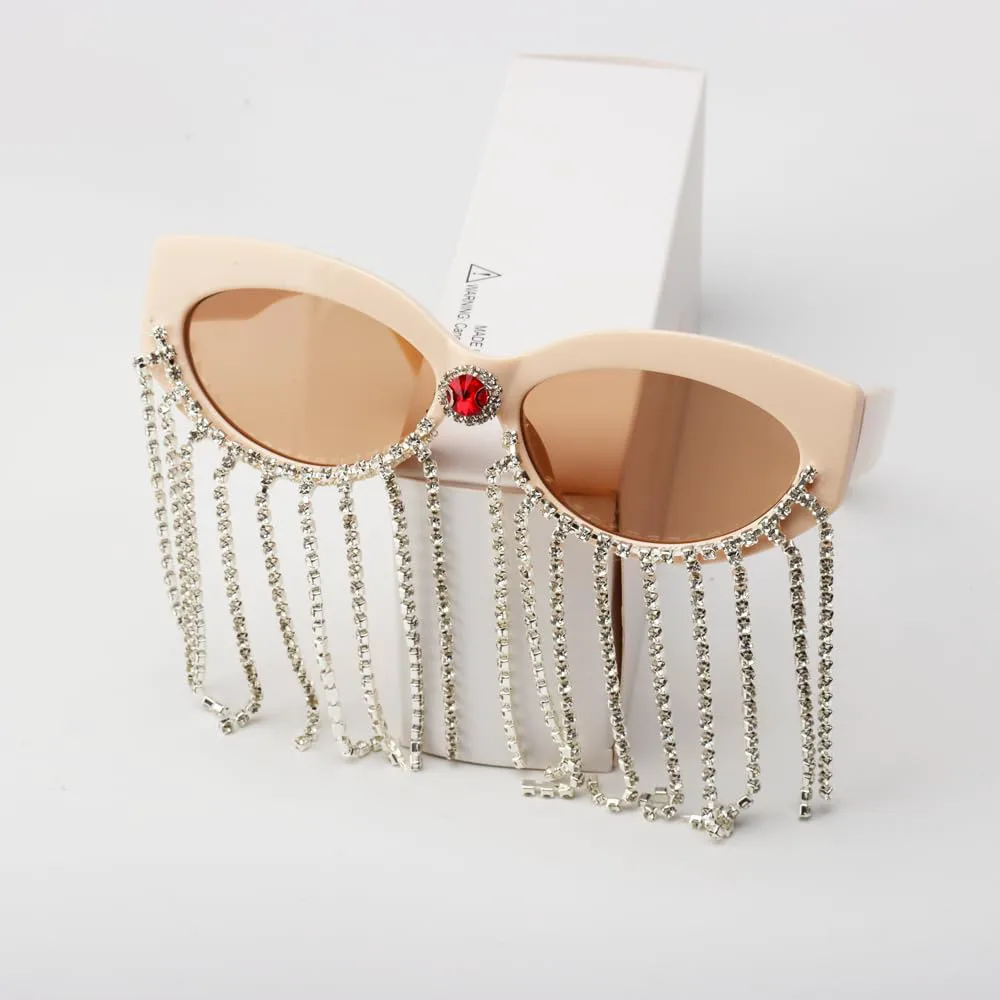 

Солнцезащитные очки ICARA «Кошачий глаз» с кисточками и стразами, женские, с хрустальными кисточками, уникальные, блестящие, бриллиантовые, для вечеринки, Off-white