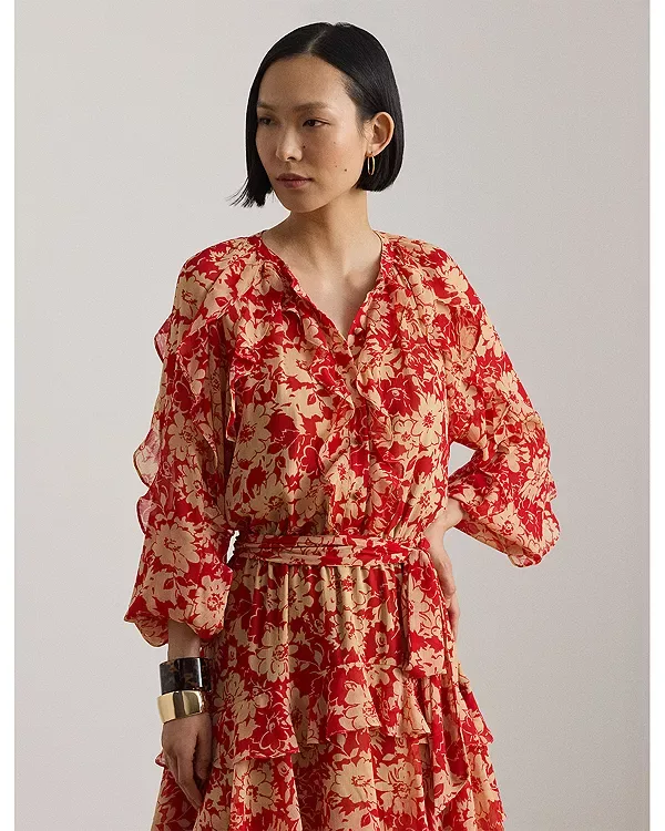 Платье из жоржета с многоярусной юбкой и оборками с принтом Ralph Lauren, Red/Tan — фото 2