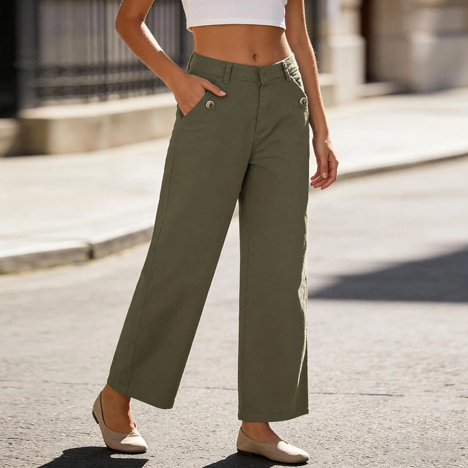 Джинсы прямые высокие, Army Green, Work Pants — фото 4