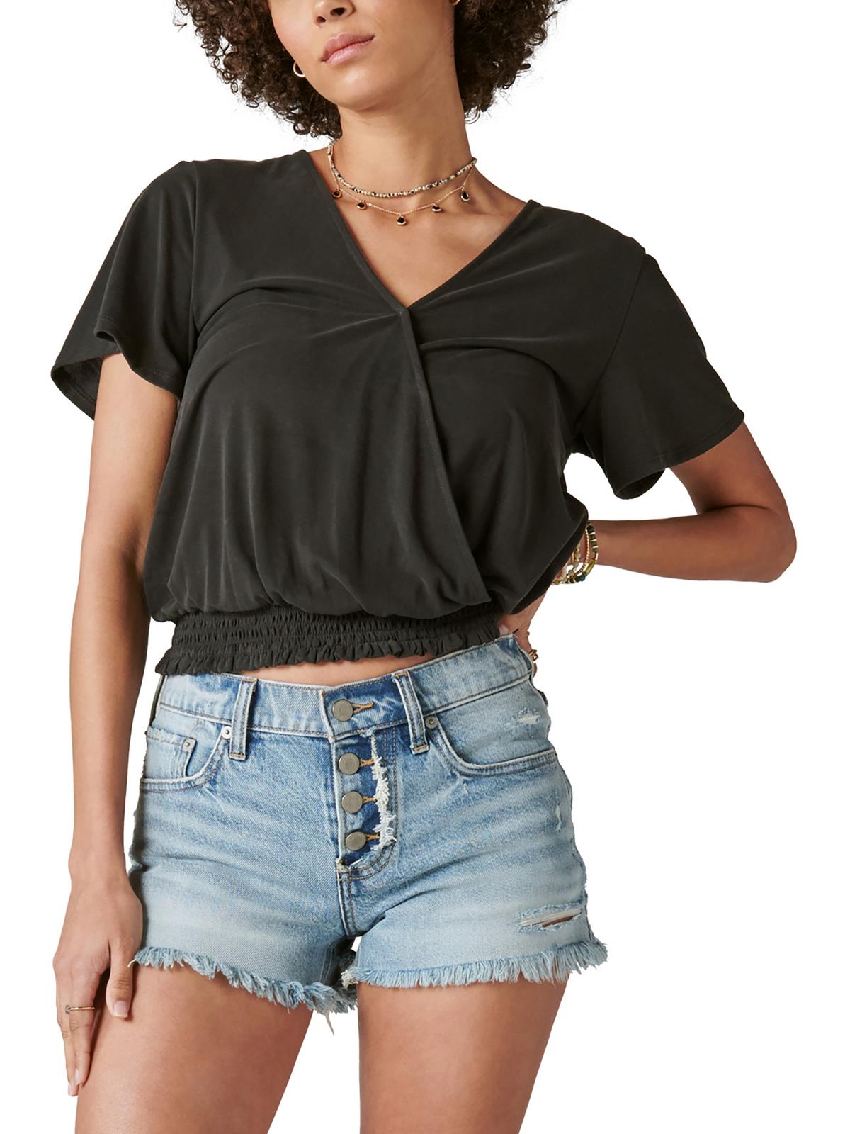 

Женский топ-пуловер с V-образным вырезом и сборками Lucky Brand, черный