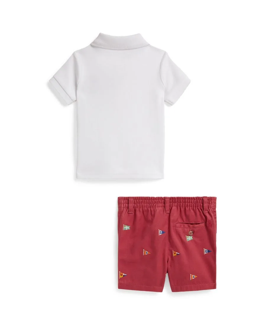 Детский комплект для мальчика: поло с принтом медведя и шорты Polo Ralph Lauren, белый, красный — фото 2