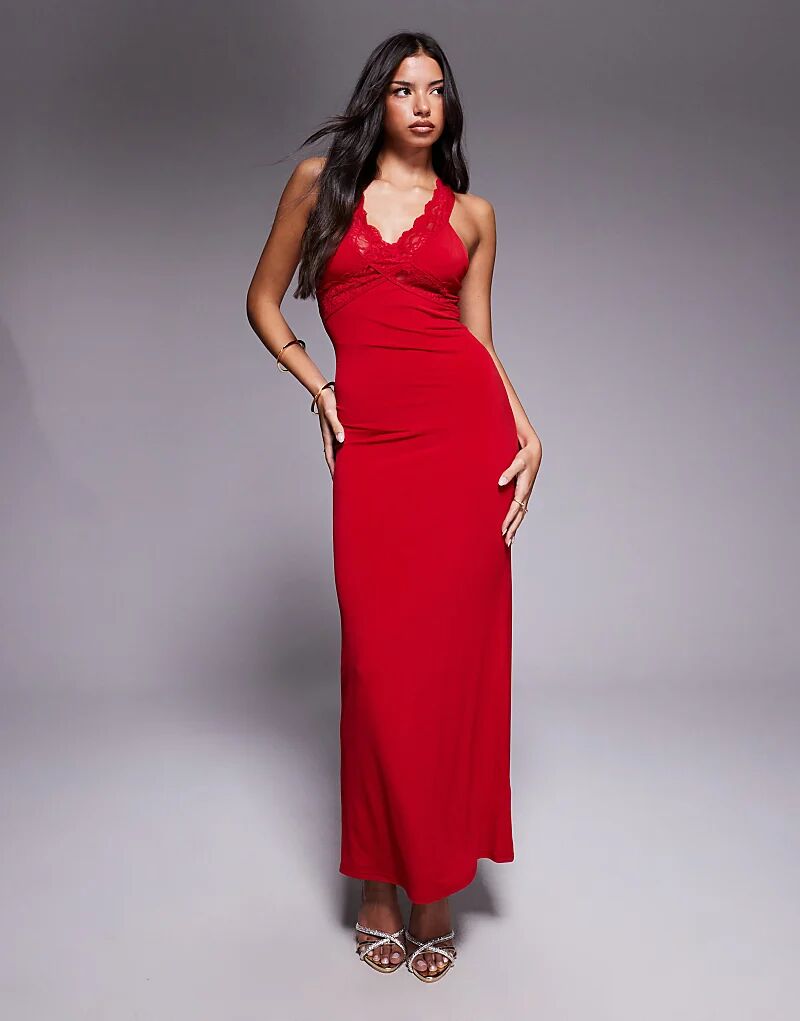 

Платье-макси Tiger Mist Seraphine облегающего кроя с перекрещивающимися кружевными вставками красного цвета