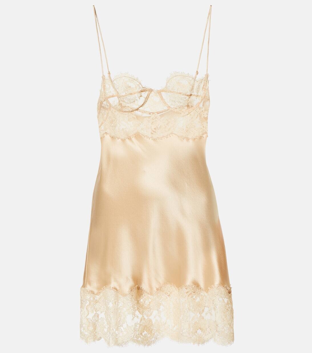 

Платье-комбинация из шелкового атласа с кружевной отделкой Saint Laurent, цвет beige nude