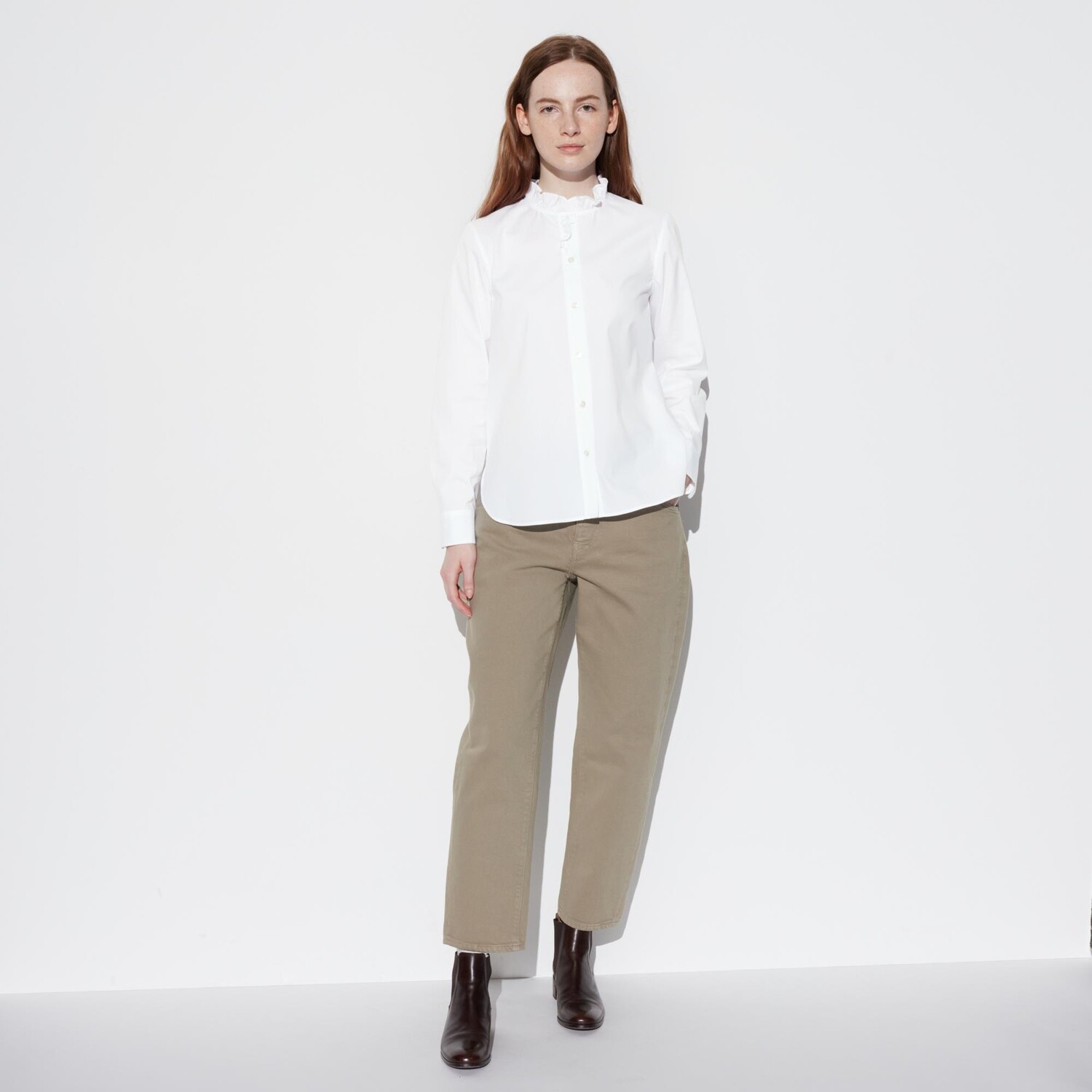 Рубашка UNIQLO из эластичного хлопка с рюшами, белый — фото 2