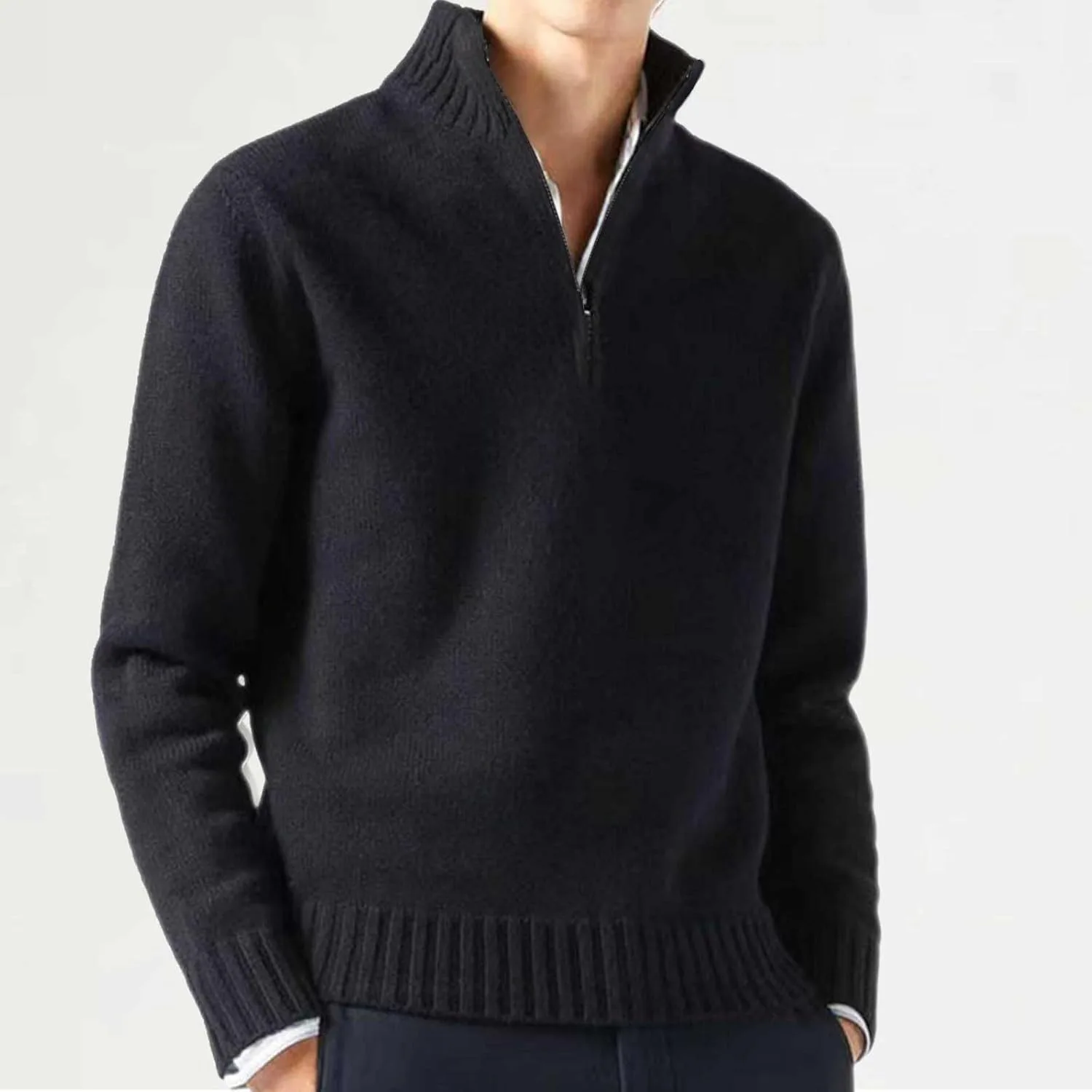 Мужской свитер с четвертью молнии, классический вязаный пуловер, Slim Fit, легкий, с фактурным воротником и длинными рукавами — фото 3