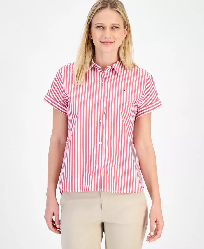 

Женская хлопковая рубашка с полосками и манжетами на рукавах Tommy Hilfiger, красный