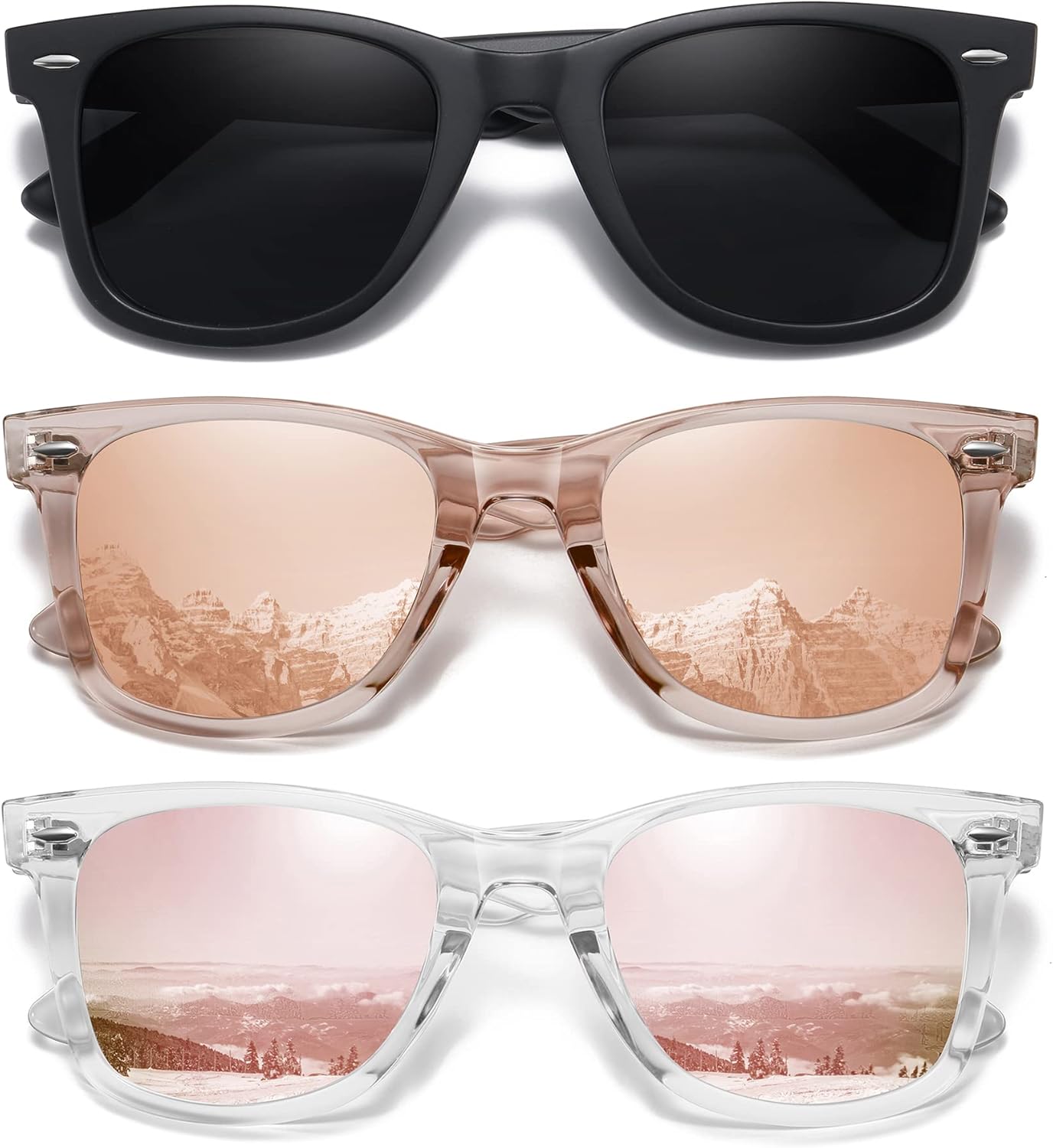 

Солнцезащитные очки MEETSUN Retro с поляризованными линзами для женщин и мужчин, классические зеркальные линзы, стильные очки для вождения, защита от УФ-излучения (3 шт.), (3 Pack) Black/Coffee/Pink