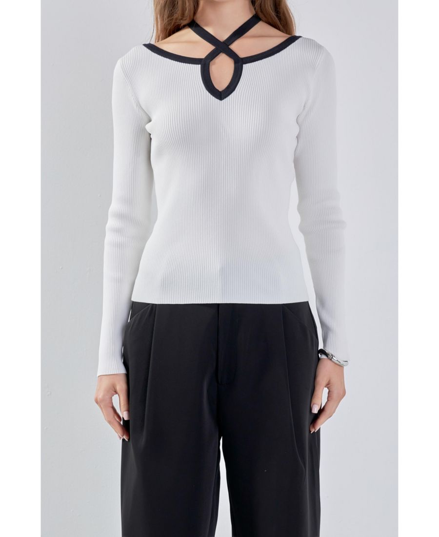 

Женский вязаный топ с вырезом и завязками на шее endless rose, Ivory/black