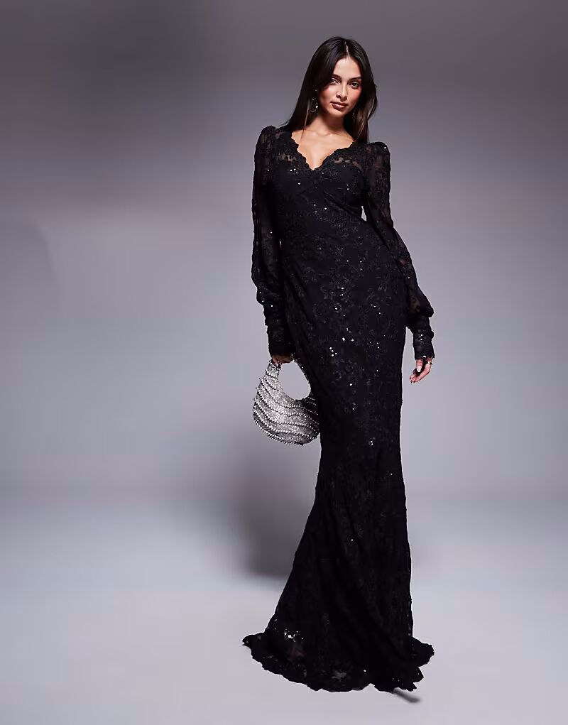 

Платье макси Goddiva с вышитым кружевом и фестончатым краем, черное