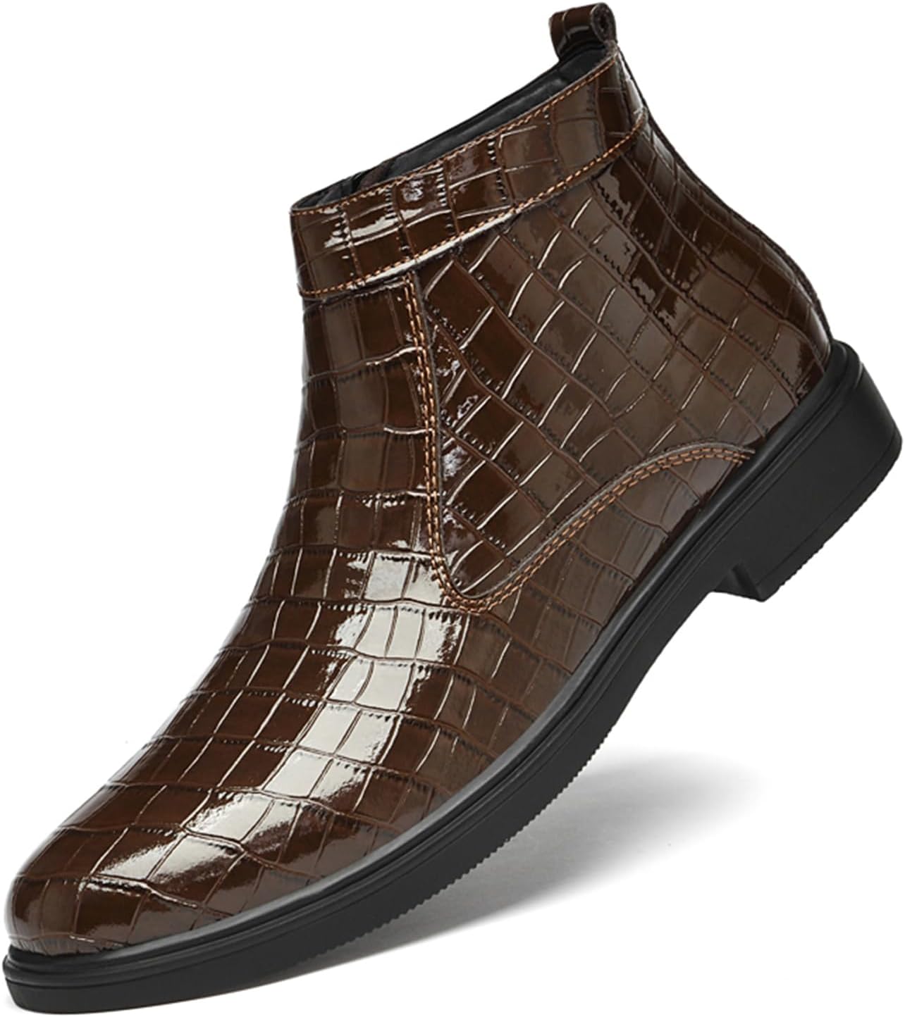 

Мужские ботинки Челси из лакированной кожи с теплой комфортной плюшевой подкладкой, боковой молнией, без шнуровки, классические деловые ботинки, круглый носок, низкий каблук, водонепроницаемые, повседневные ботильоны Eggdk, коричневый