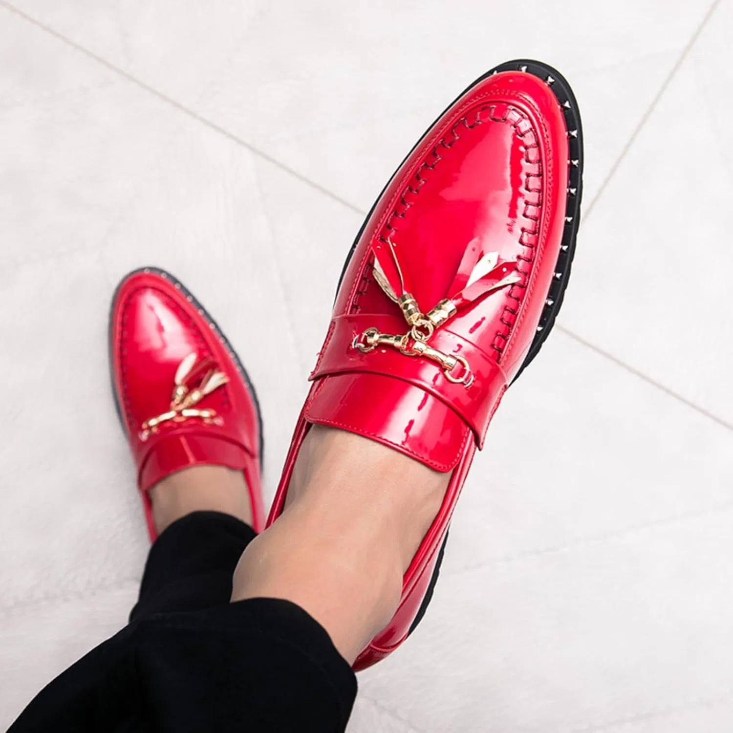Лоферы на каждый день, Patent Leather, Black White Red — фото 3