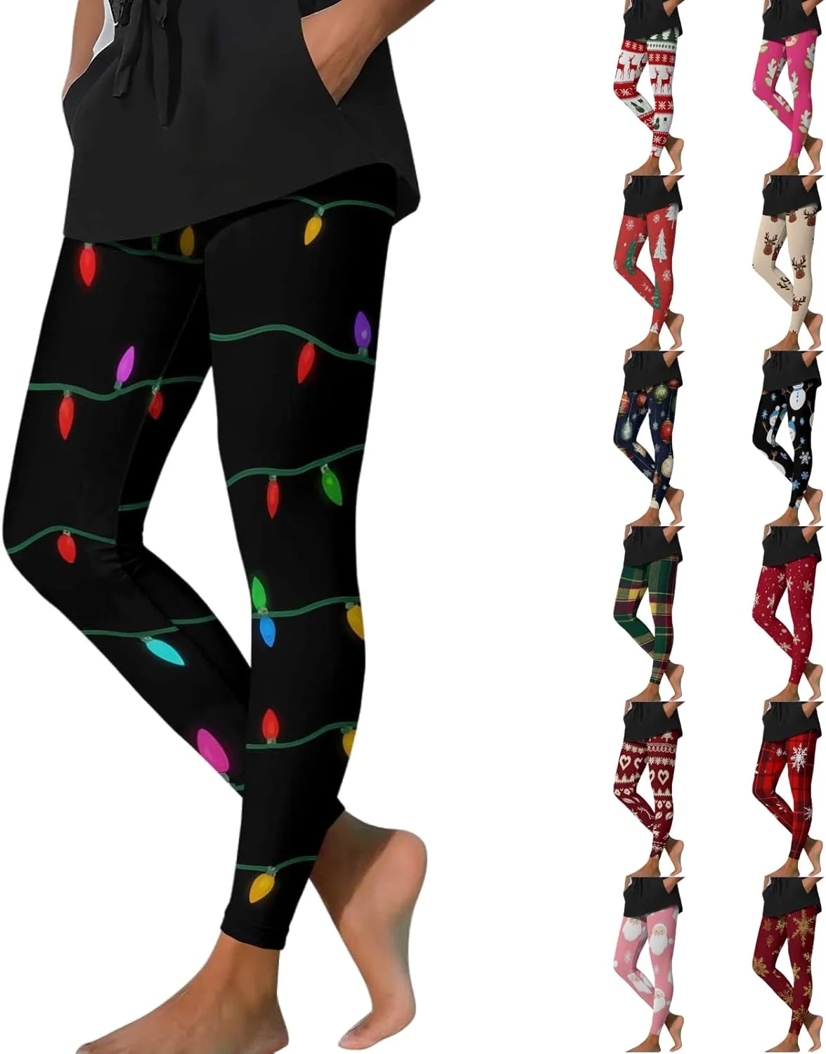 

Рождественские леггинсы JIEMUXIU с неоновой графикой, Tummy Control, High Waist
